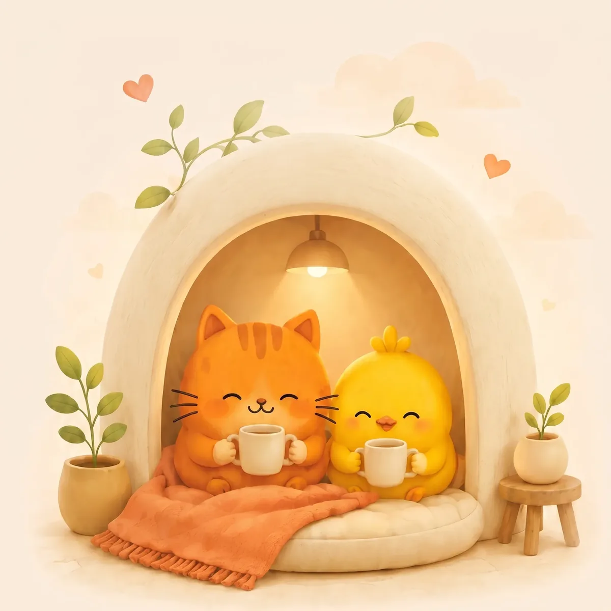 Two soft figures sharing a quiet evening at home under one blanket