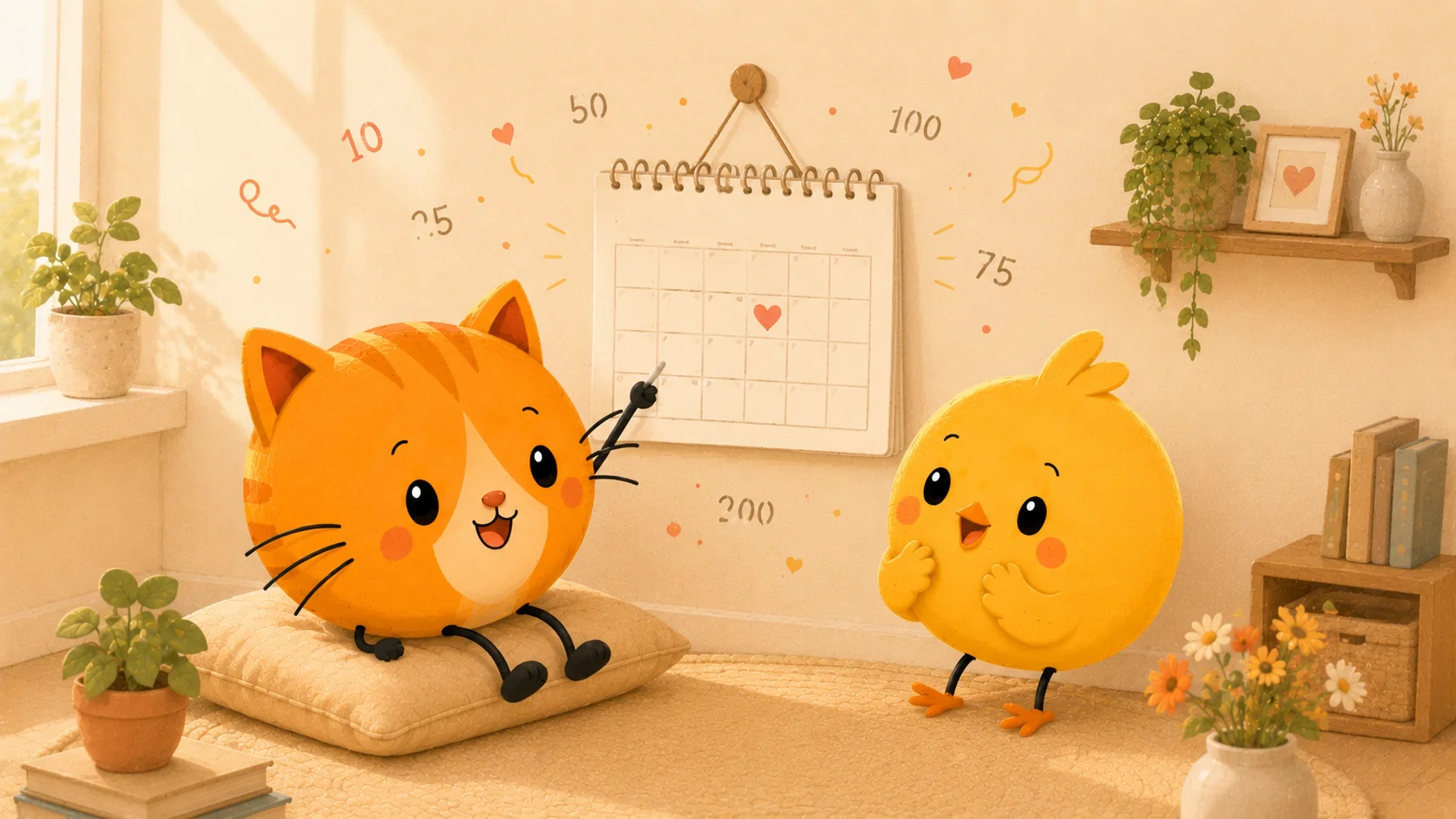 A warm watercolour scene of two figures by a calendar marked with a heart, in the Couple Nest style