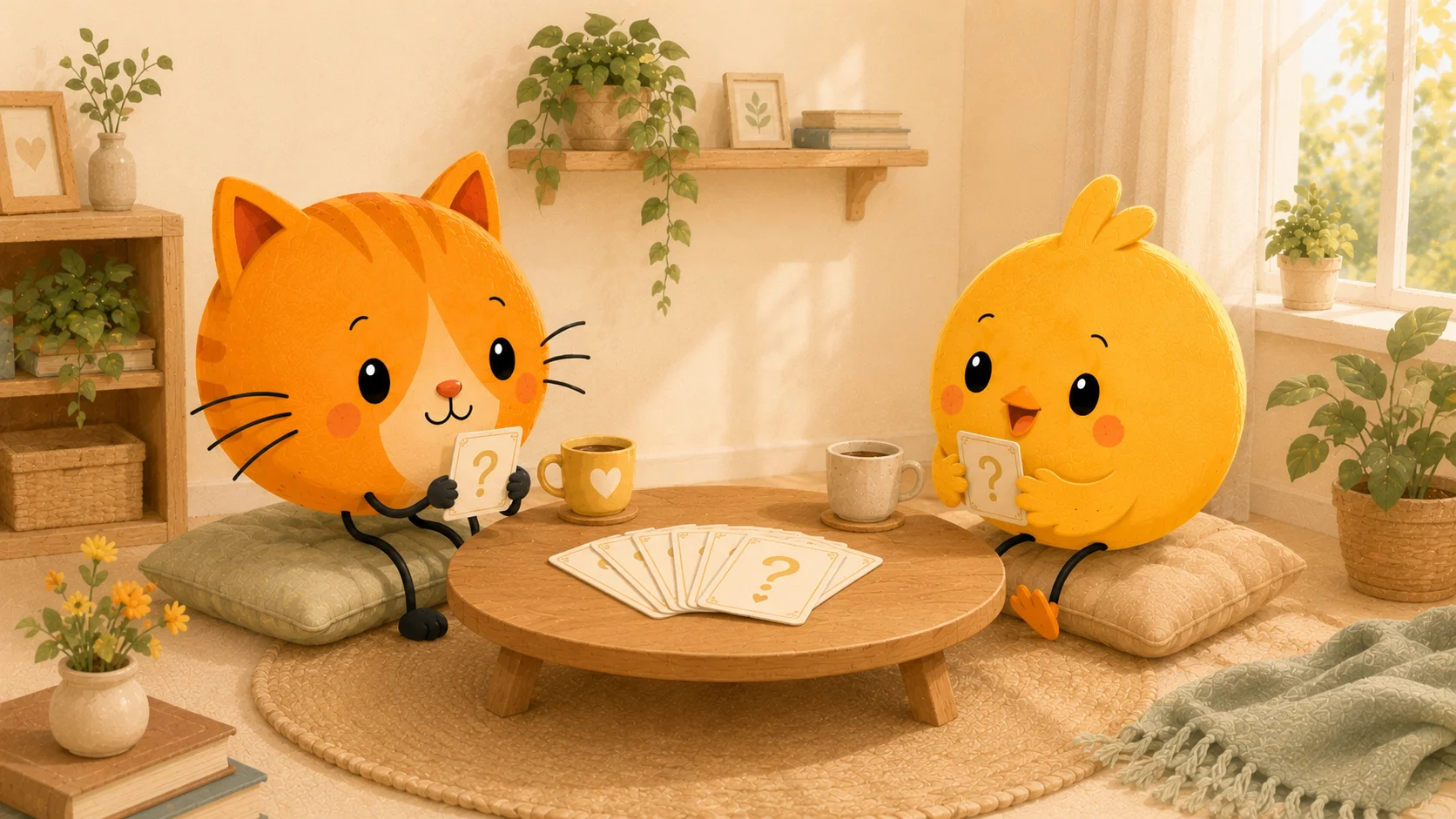 A warm watercolour scene of two figures talking over cards, in the Couple Nest style