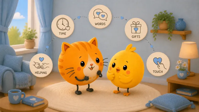 Two soft figures leaning together around a heart, illustrating the 5 love languages