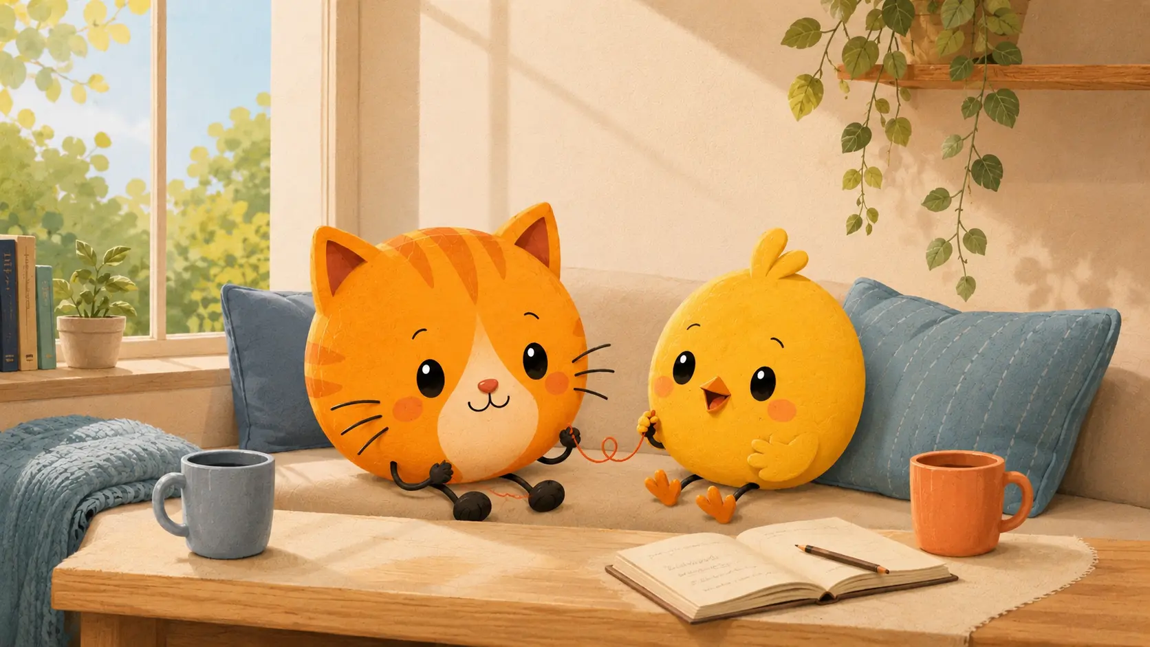 The Couple Nest cat and chick connected by a thread, in the soft-gloss paper-cut style