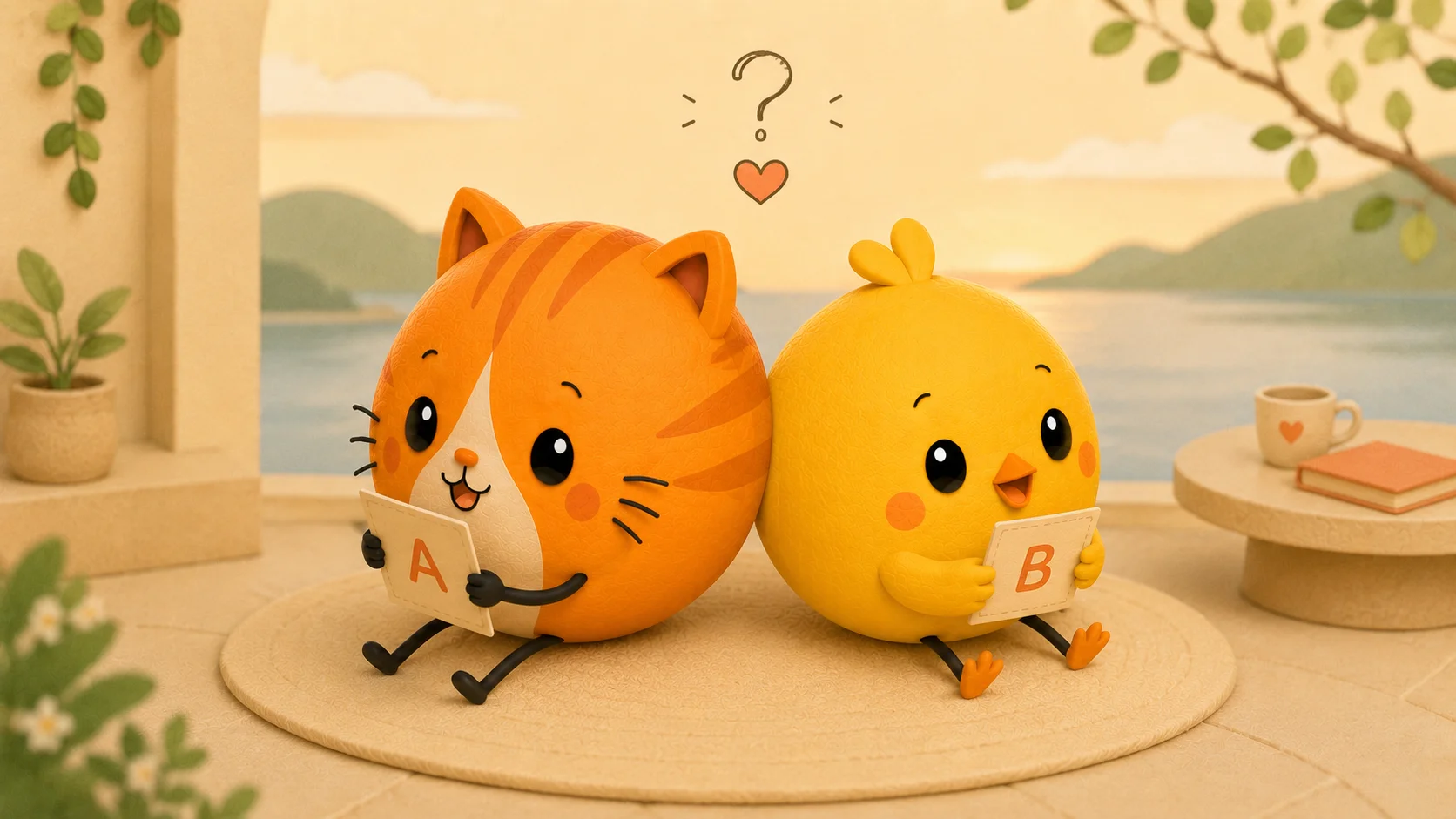Two soft figures back to back, each holding a card, in the Couple Nest style