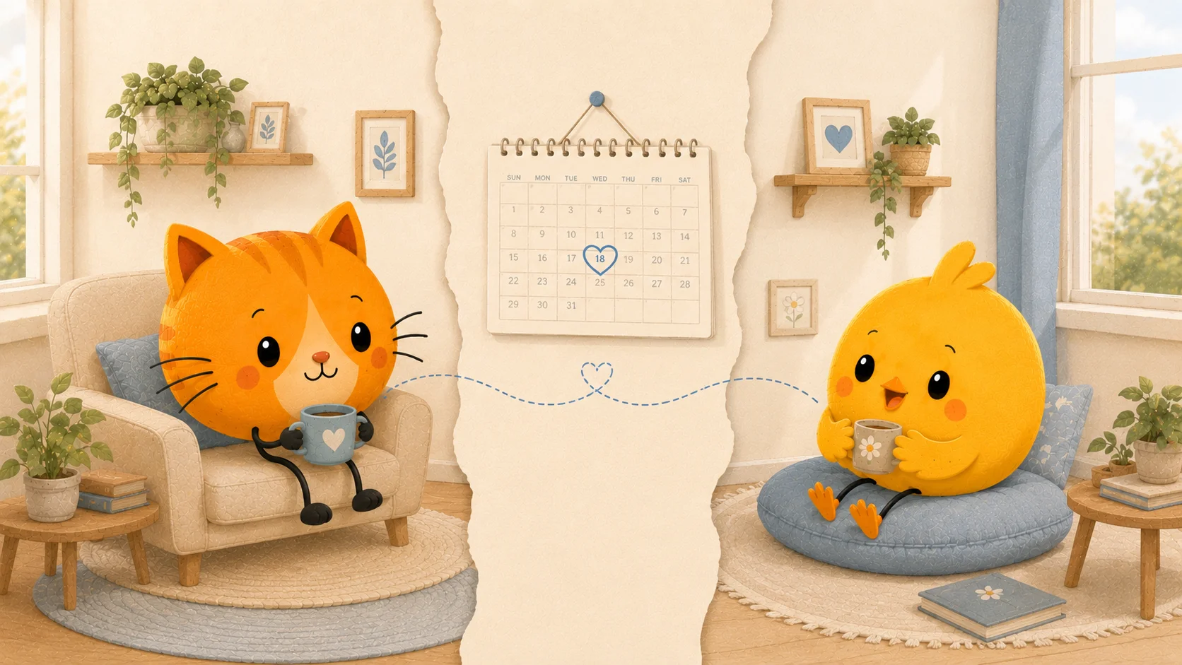 A warm watercolour scene of two figures apart with a shared calendar between them, in the Couple Nest style