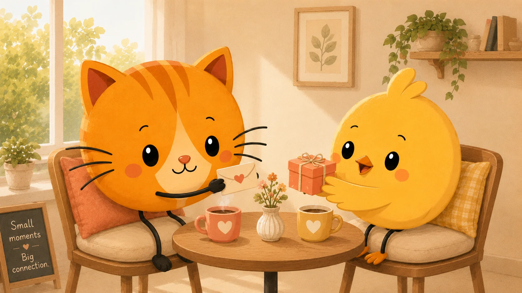 A warm watercolour scene of two figures sharing a small moment, in the Couple Nest style