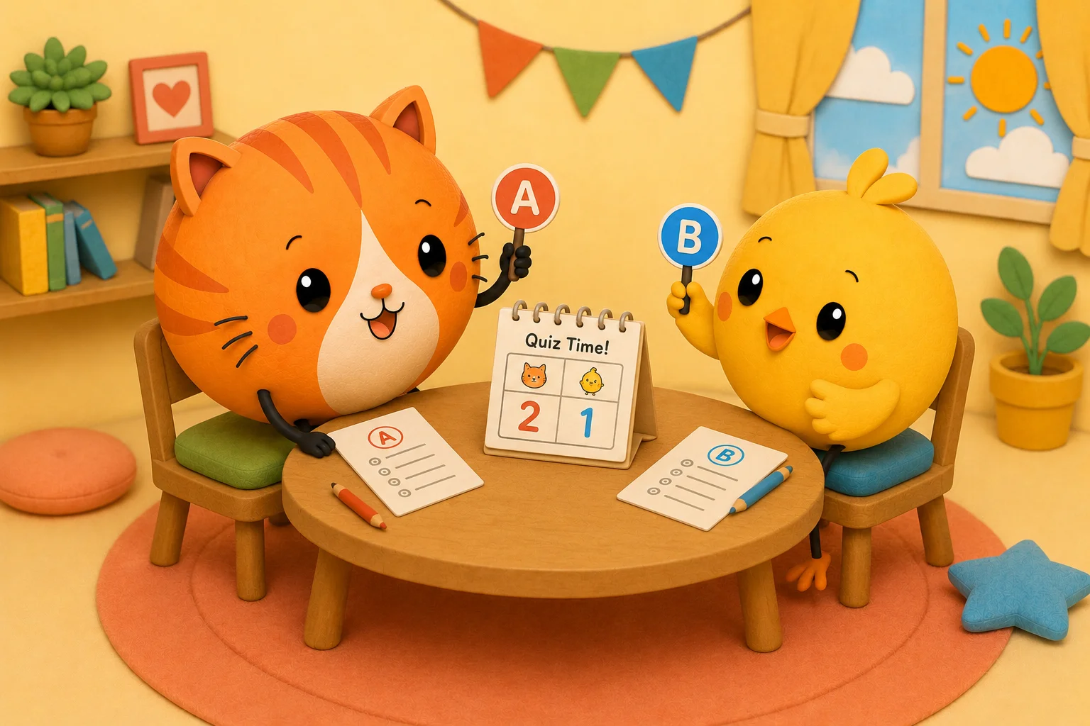Two soft figures on a sofa playing a couples quiz with a small scorecard between them